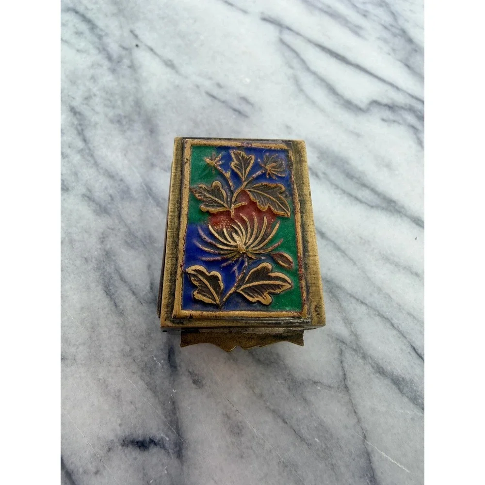 Vintage Chinese Brass Enamel Floral Trinket/Pill/Jewelry Box Champlevé